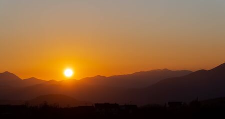 Molise, Mainarde, sunset. The Mainarde mountain range extends along the border between Molise and Lazio, with prevalence in the Molise territory.It is a very rocky natural barrier with a rugged aspectの写真素材