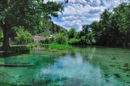 Posta Fibreno, Frosinone, Lazio, Italy. The lake. It is found in Lazio, in the middle valley of the Liri, in the center of the homonymous reserve.の写真素材