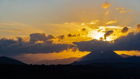 Molise, Mainarde, sunset. The Mainarde mountain range extends along the border between Molise and Lazio, with prevalence in the Molise territory.It is a very rocky natural barrier with a rugged aspectの写真素材
