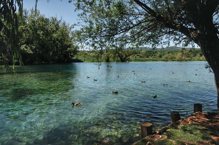 Posta Fibreno, Frosinone, Lazio, Italy. The lake. It is found in Lazio, in the middle valley of the Liri, in the center of the homonymous reserve.の写真素材