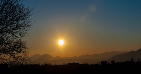 Molise, Mainarde, sunset. The Mainarde mountain range extends along the border between Molise and Lazio, with prevalence in the Molise territory.It is a very rocky natural barrier with a rugged aspectの写真素材