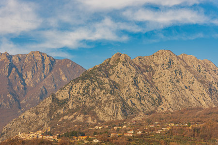 Landscapes of Molise. Monte Marrone and Castelnuovo al Volturno. Winter panorama from the historic center of Scapoli.の写真素材
