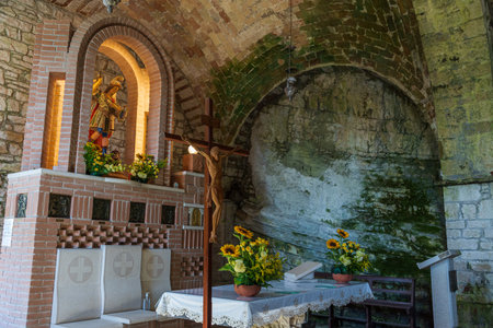 The Grotta di San Michele Arcangelo, rebuilt and enlarged in 1890 on the remains of the ancient church. In it the pilgrim can experience the link between man and nature.のeditorial素材