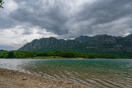 The lake of Castel S. Vincenzo is an artificial basin built in the late 1950s for hydroelectric purposes. The lake has an area of 6,140 kmÂ² and has a capacity of 10 million cubic metresの写真素材