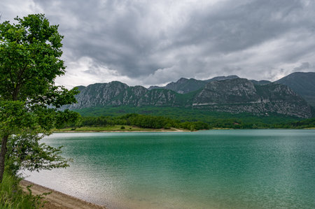 The lake of Castel S. Vincenzo is an artificial basin built in the late 1950s for hydroelectric purposes. The lake has an area of 6,140 kmÂ² and has a capacity of 10 million cubic metresの写真素材