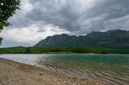 The lake of Castel S. Vincenzo is an artificial basin built in the late 1950s for hydroelectric purposes. The lake has an area of 6,140 kmÂ² and has a capacity of 10 million cubic metresの写真素材