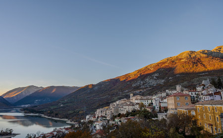 Barrea, L'Aquila, Abruzzo. Barrea is a small village in Abruzzo, perched on a rocky mountain spur.の写真素材