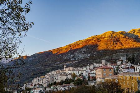 Barrea, L'Aquila, Abruzzo. Barrea is a small village in Abruzzo, perched on a rocky mountain spur.の写真素材