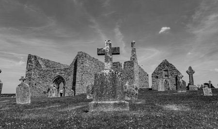 Clonmacnoise was founded in 545 by St CiarÃ¡n where the main east-west roads of the time met, across the moors of central Ireland to Eiscir Riada.の写真素材