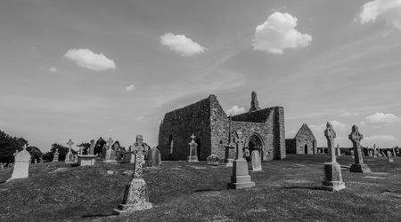 Clonmacnoise was founded in 545 by St CiarÃ¡n where the main east-west roads of the time met, across the moors of central Ireland to Eiscir Riada.の写真素材