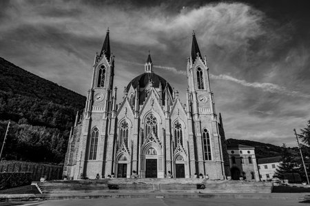 Castelpetroso, Molise. Sanctuary of the Madonna Addolorata. The sanctuary, which began with the laying of the first stone on 28 September 1890 and completed in 1975, is built in neo-Gothic.の写真素材