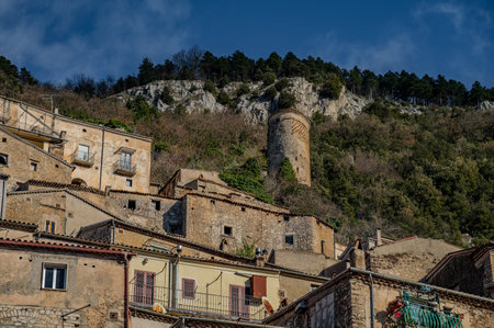 Pesche, village in the province of Isernia, in Molise, perched along the steep slopes of Mount San Marco, a white spot against the green of the mountain and the gray of the stones.の写真素材