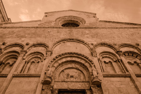 Of considerable architectural interest is the Apulian Romanesque-style cathedral where the bodies of the city's patron saints, Basso and Timoteo, are preserved.の写真素材