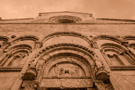Of considerable architectural interest is the Apulian Romanesque-style cathedral where the bodies of the city's patron saints, Basso and Timoteo, are preserved.の写真素材