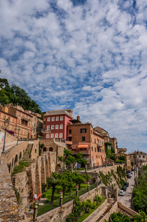 It rises on the shores of the Adriatic Sea and is located north of the mouth of the Tesino River. The town extends along the coast to the slopes of the surrounding hills.の写真素材