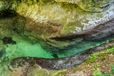 Over millions of years, the Orfento River (in the municipality of Caramanico Terme) has carved out a narrow gorge now covered by dense riparian vegetation featuring willows, ferns, and mosses.の写真素材