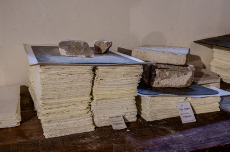 The museum preserves the centuries-old tradition of papermaking that makes Fabriano unique in Europe. Inside, it houses a faithful reproduction of the medieval hand-made paper filling mill.の写真素材