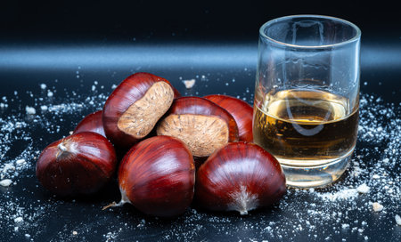 A composition of a typically autumnal fruit, such as the chestnut, which enhances its beauty and details.の写真素材