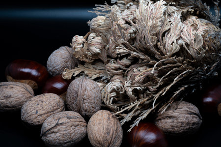 A composition of typically autumnal fruits such as chestnuts and walnuts, enhancing their beauty and...