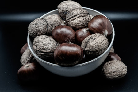A composition of typically autumnal fruits such as chestnuts and walnuts, enhancing their beauty and detail.の写真素材