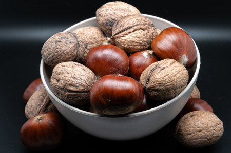 A composition of typically autumnal fruits such as chestnuts and walnuts, enhancing their beauty and detail.の写真素材