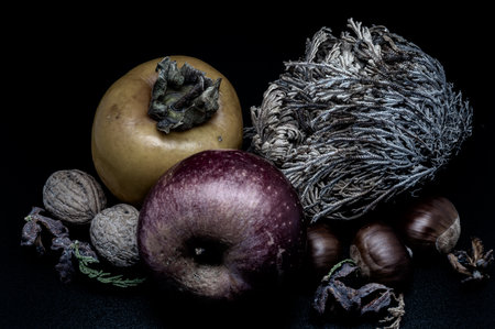 A composition of typically autumnal fruits such as chestnuts, walnuts, persimmons or the Campanian Annurca apple, enhancing their beauty and detail.の写真素材