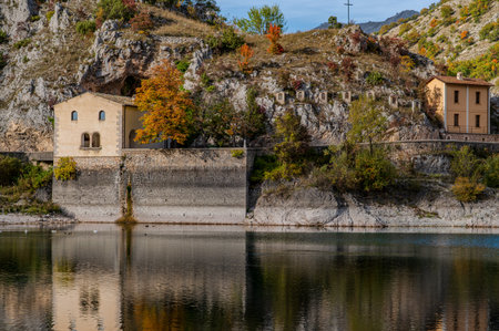 Villalago, Hermitage of San Domenico. Built near the lake of San Domenico in the 11th century, as a votive chapel in a natural cave considered sacred.の写真素材