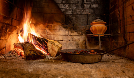 In winter, while it snows outside and the polar cold rages, the wood-burning fireplace with its magic and warmth, holds you in a warm and relaxing embrace.の写真素材