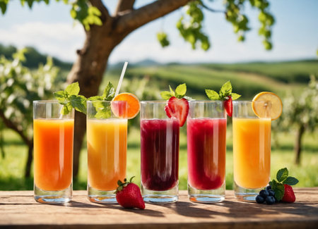Glasses of fresh fruit juices on table in vineyard, closeupの素材
