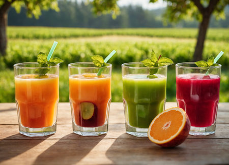 Three glasses of fresh juice and smoothies on wooden table in gardenの素材