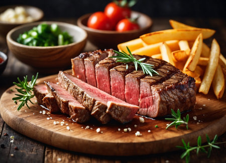Grilled beef steak with French fries and vegetables on wooden cutting boardの素材