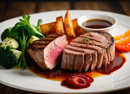 roast beef with baked potatoes and sauce on a white plate.の素材