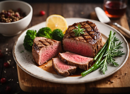 Grilled beef steak with herbs and spices on rustic wooden tableの素材
