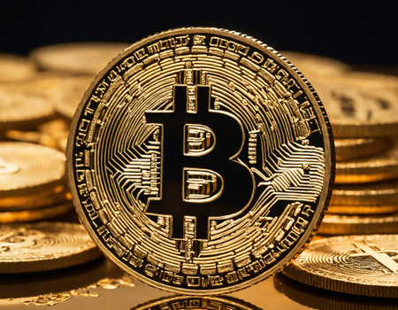 Golden bitcoin on a dark background. Bitcoin is a modern way of exchange and this crypto currency is a convenient means of payment in the financialの素材
