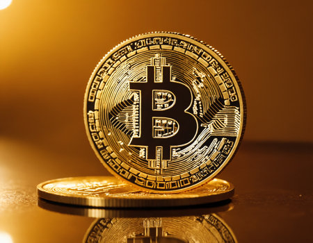 Bitcoins on a gold background. Bitcoin is a modern way of exchange and this crypto currency is a convenient means of payment in the financialの素材