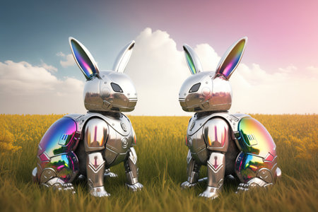 Easter robot bunnies made of shiny metal sit in the grass. Traditional holiday in a futuristic concept. AI generated.の素材