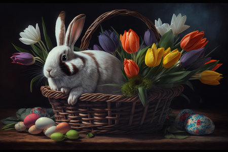 Little rabbit in an Easter basket with fluffy fur and Easter eggs in a fresh spring landscape. Suitable as an Easter card, greeting card or wallpaper. AI generated.の素材