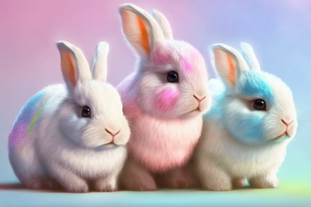 Cute Easter colorful bunnies are sitting in a row. Fluffy beautiful domestic animals. AI generated.の素材