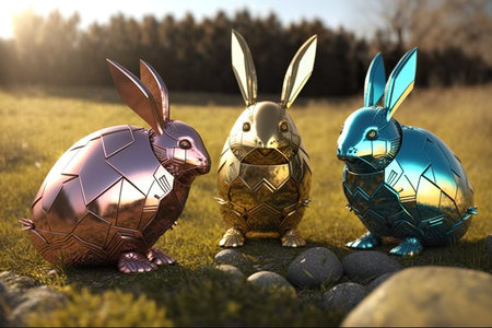 Easter robot bunnies made of shiny metal sit in the grass. Traditional holiday in a futuristic concept. AI generated.の素材
