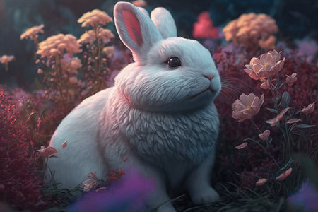 Easter beautiful fluffy rabbit in the grass in spring among flowers. Traditional holiday. AI generated.の素材