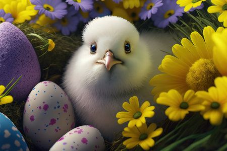 Little beautiful Easter chicken among colorful flowers and eggs. Traditional holiday concept illustration. AI generated.の素材
