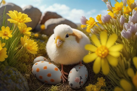 Little beautiful Easter chicken among colorful flowers and eggs. Traditional holiday concept illustration. AI generated.の素材