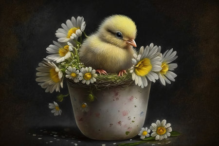 Little beautiful Easter chicken among colorful flowers and eggs. Traditional holiday concept illustration. AI generated.の素材