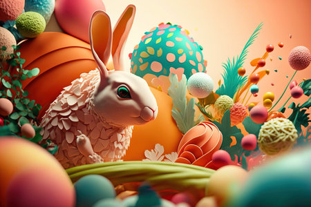 Easter beautiful fluffy rabbit in the grass in spring among flowers. Traditional holiday. AI generated.の素材