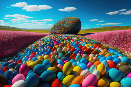 Multi-colored painted Easter eggs of various sizes on a field, with a blue sky in the clouds. Fantasy illustration, futuristic concept. AI generated.の素材
