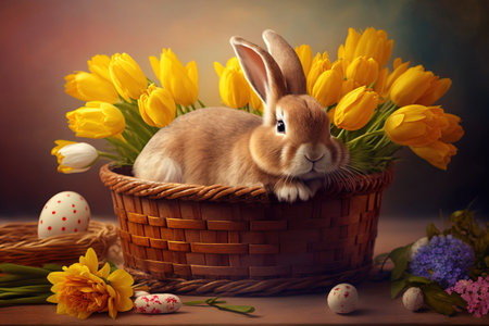 Little rabbit in an Easter basket with fluffy fur and Easter eggs in a fresh spring landscape. Suitable as an Easter card, greeting card or wallpaper. AI generated.の素材