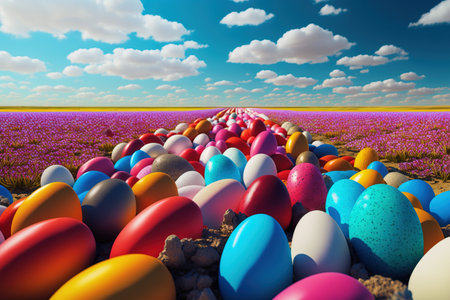Multi-colored painted Easter eggs of various sizes on a field, with a blue sky in the clouds. Fantasy illustration, futuristic concept. AI generated.の素材