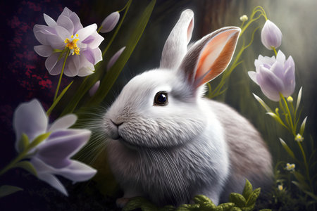 Easter beautiful fluffy rabbit in the grass in spring among flowers. Traditional holiday. AI generated.の素材