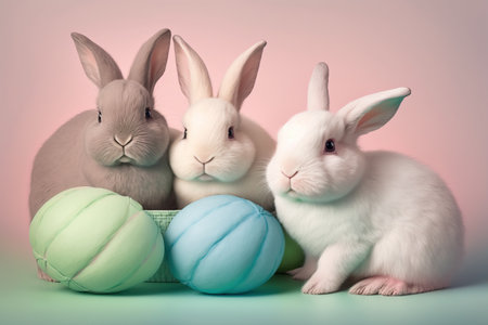 Cute Easter colorful bunnies are sitting in a row. Fluffy beautiful domestic animals. AI generated.の素材