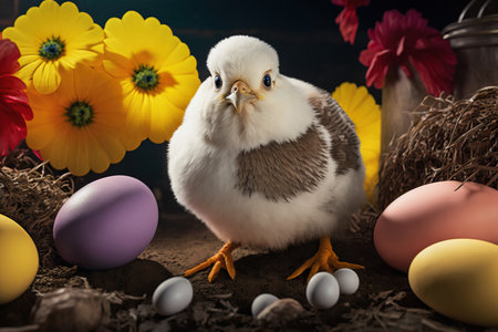 Little beautiful Easter chicken among colorful flowers and eggs. Traditional holiday concept illustration. AI generated.の素材